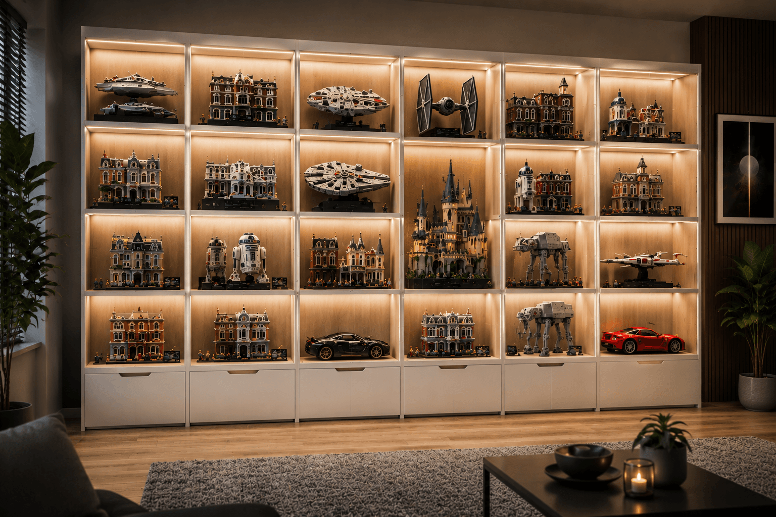 MODULIB illuminated modular display wall with organized LEGO® collection