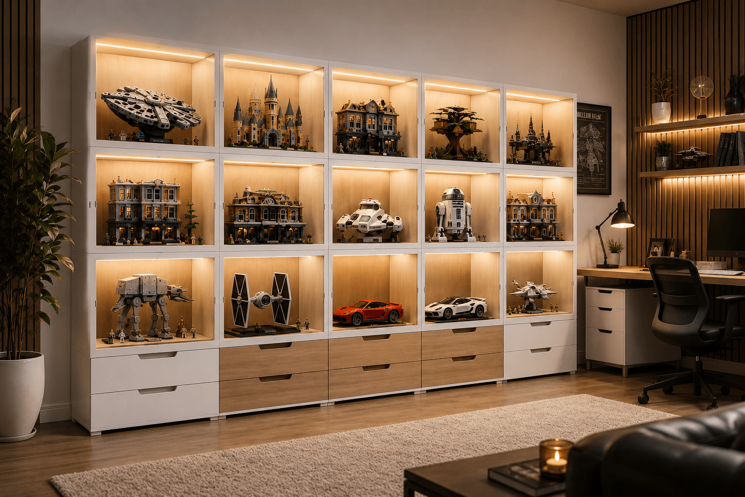 Medium-sized MODULIB display wall with warm lighting