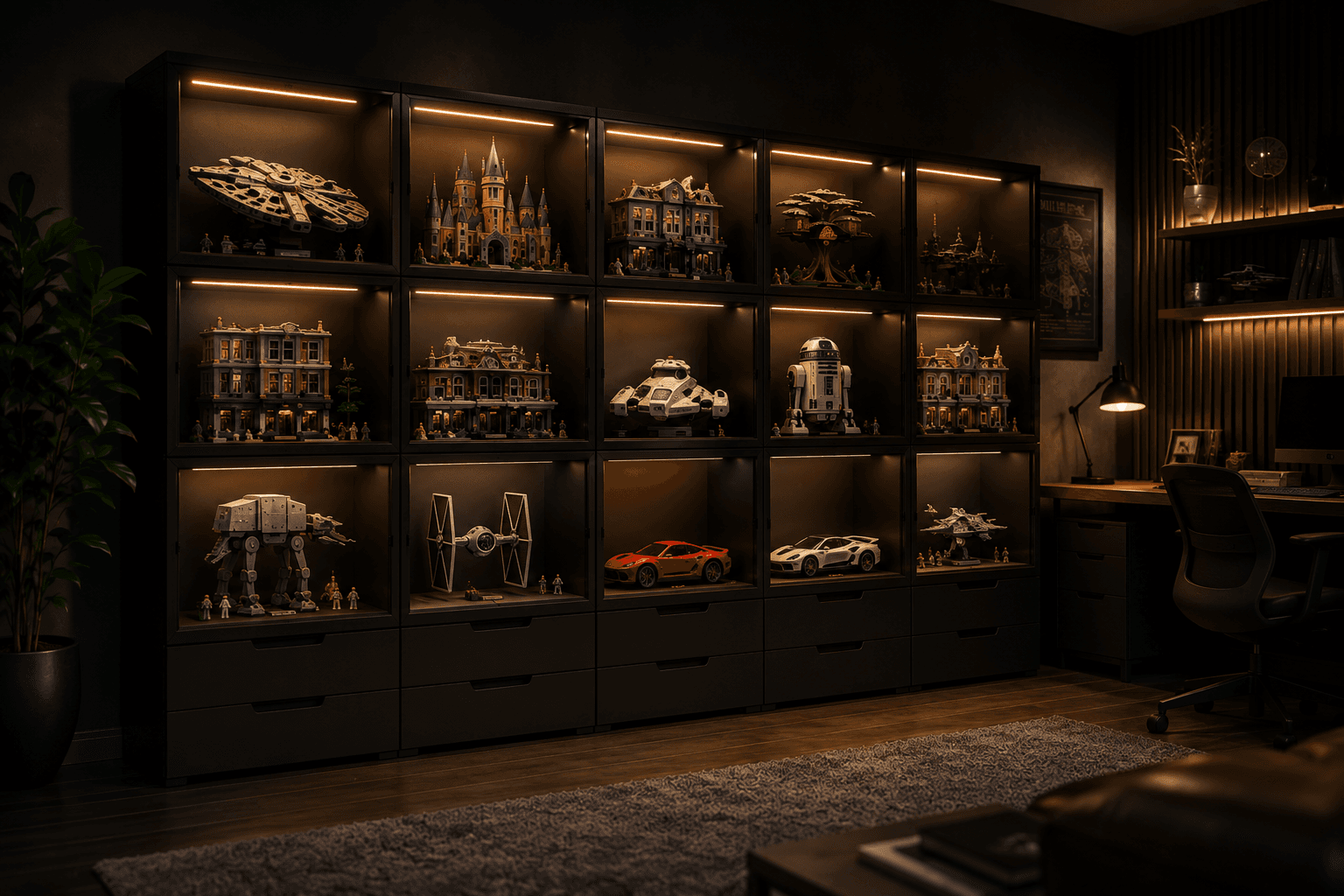 Medium-sized MODULIB display wall with warm lighting
