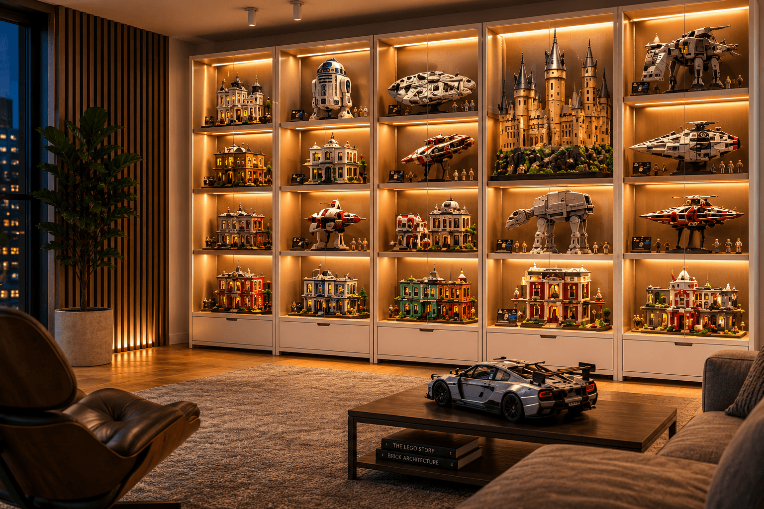Illuminated MODULIB collector wall in a modern room