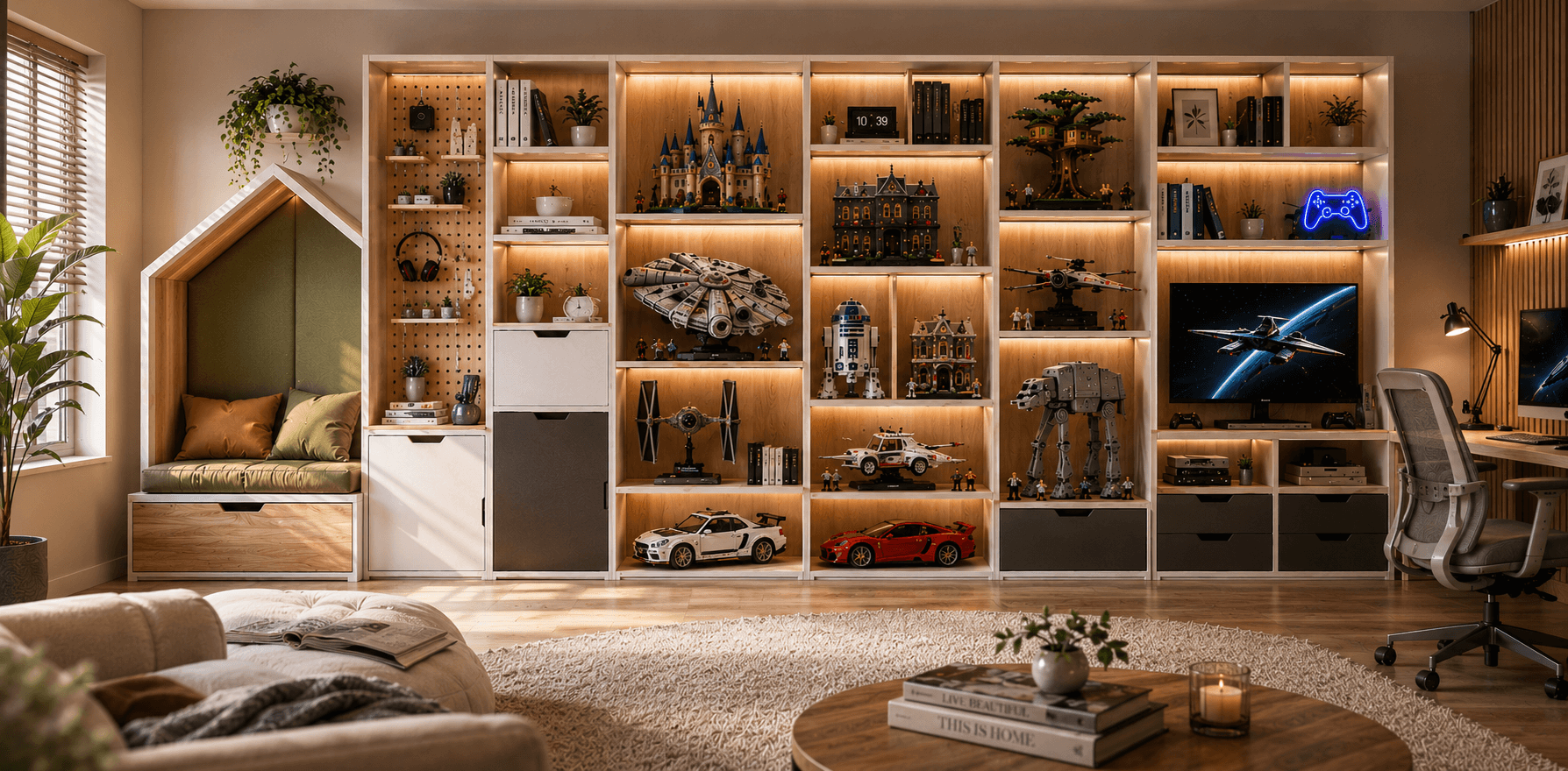 A dramatic collector room with illuminated display cabinets and showcase models