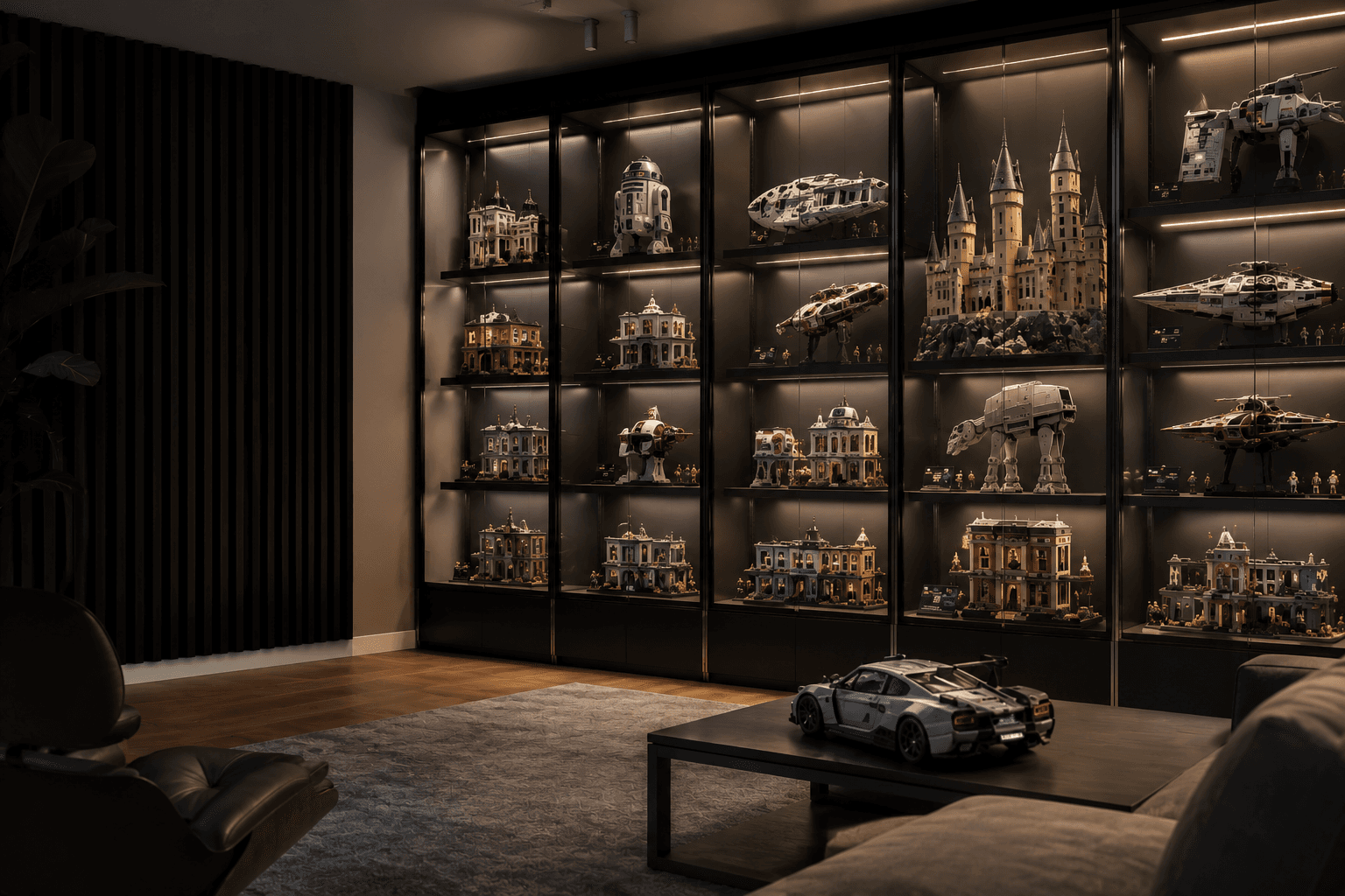 A dramatic collector room with illuminated display cabinets and showcase models