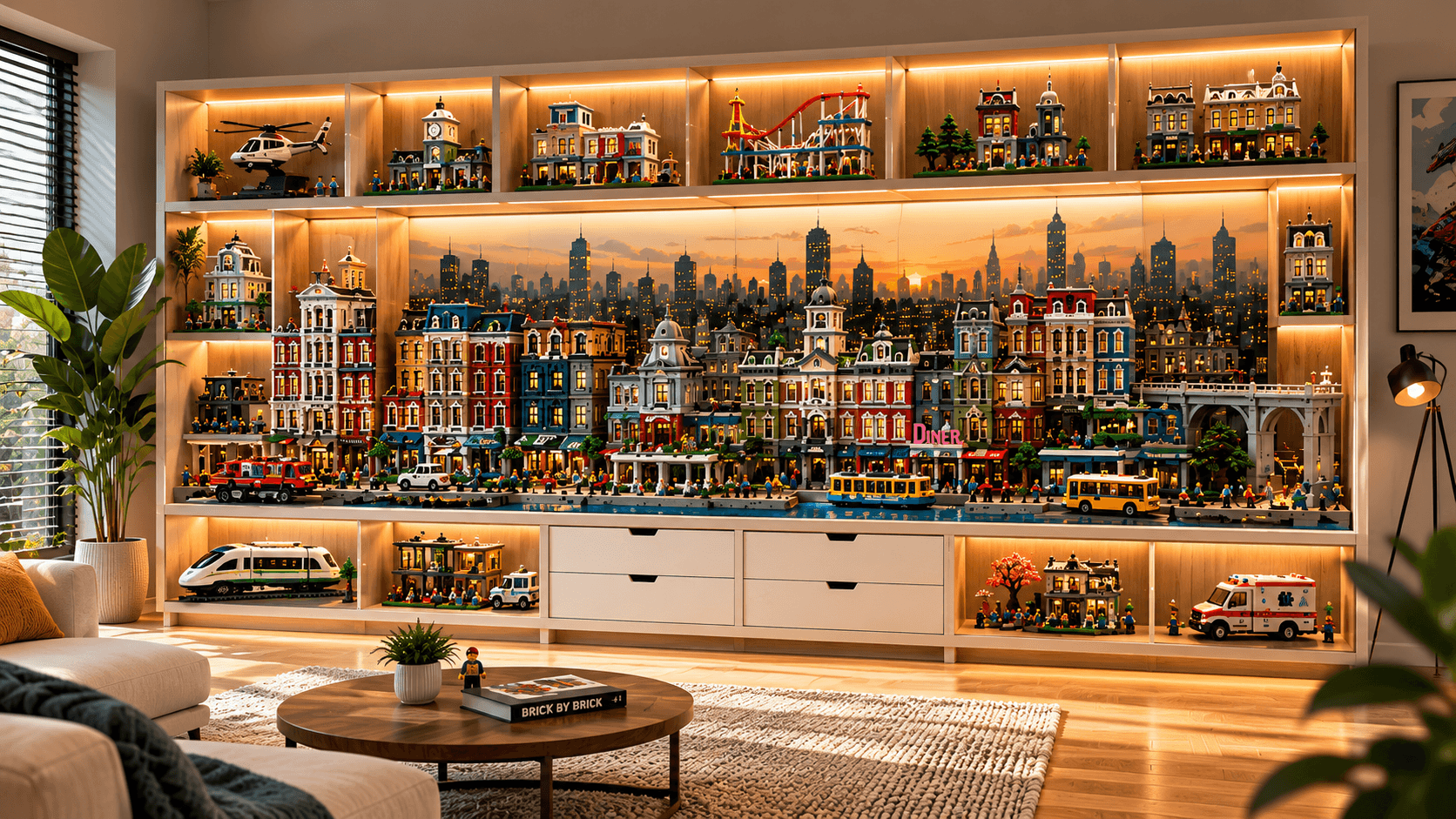 Stunning collector room with a large LEGO® city display wall