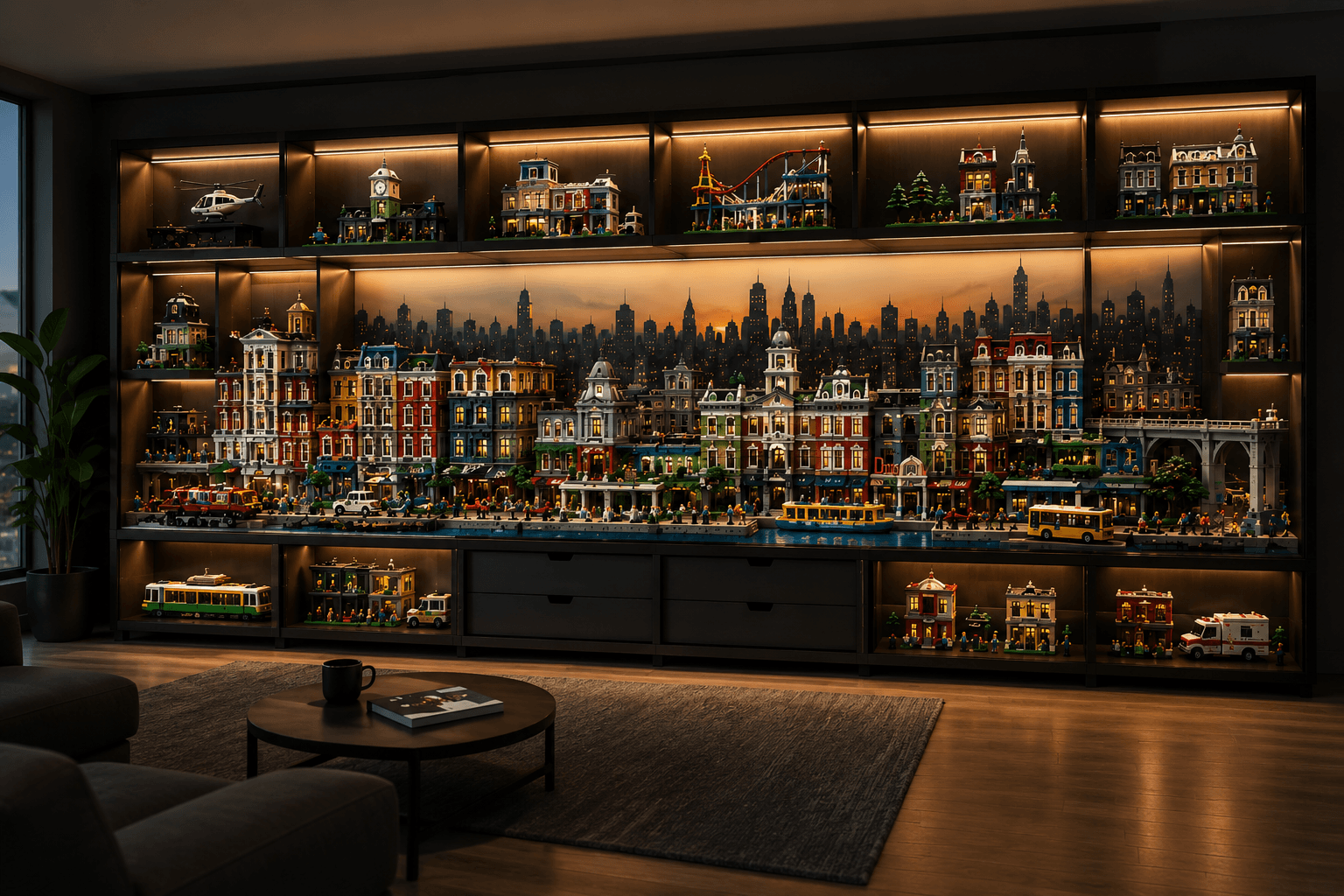 Stunning collector room with a large LEGO city display wall