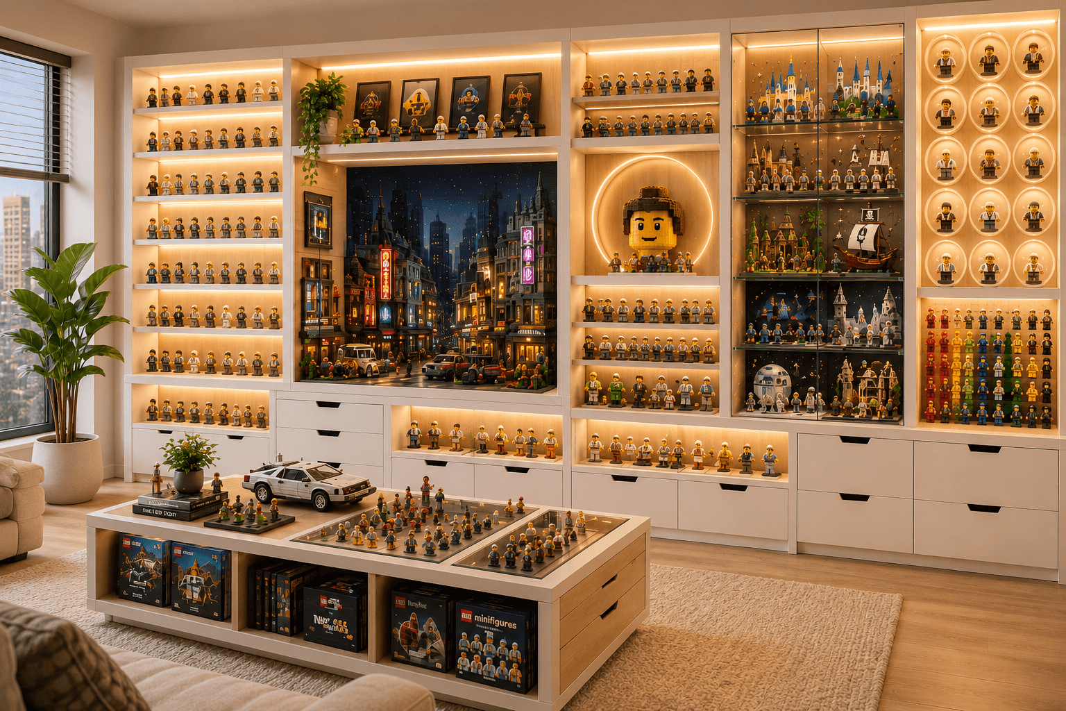 Illuminated minifigure displays and collector showcases