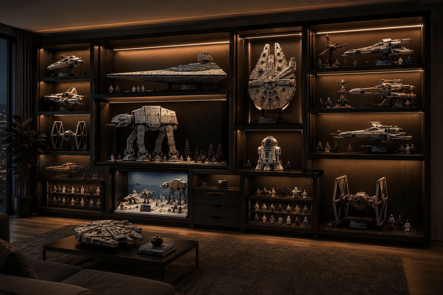 Illuminated UCS Star Wars ships in premium display modules